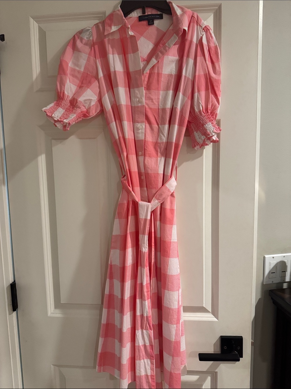 Tommy Hilfiger Pink and White Gingham Puff-Sleeve Shirt Dress
